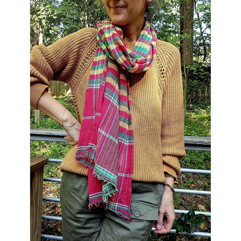 Colorful Cotton Plaid Wide Scarf - Boho Gamcha Wrap Shawl Pink Green